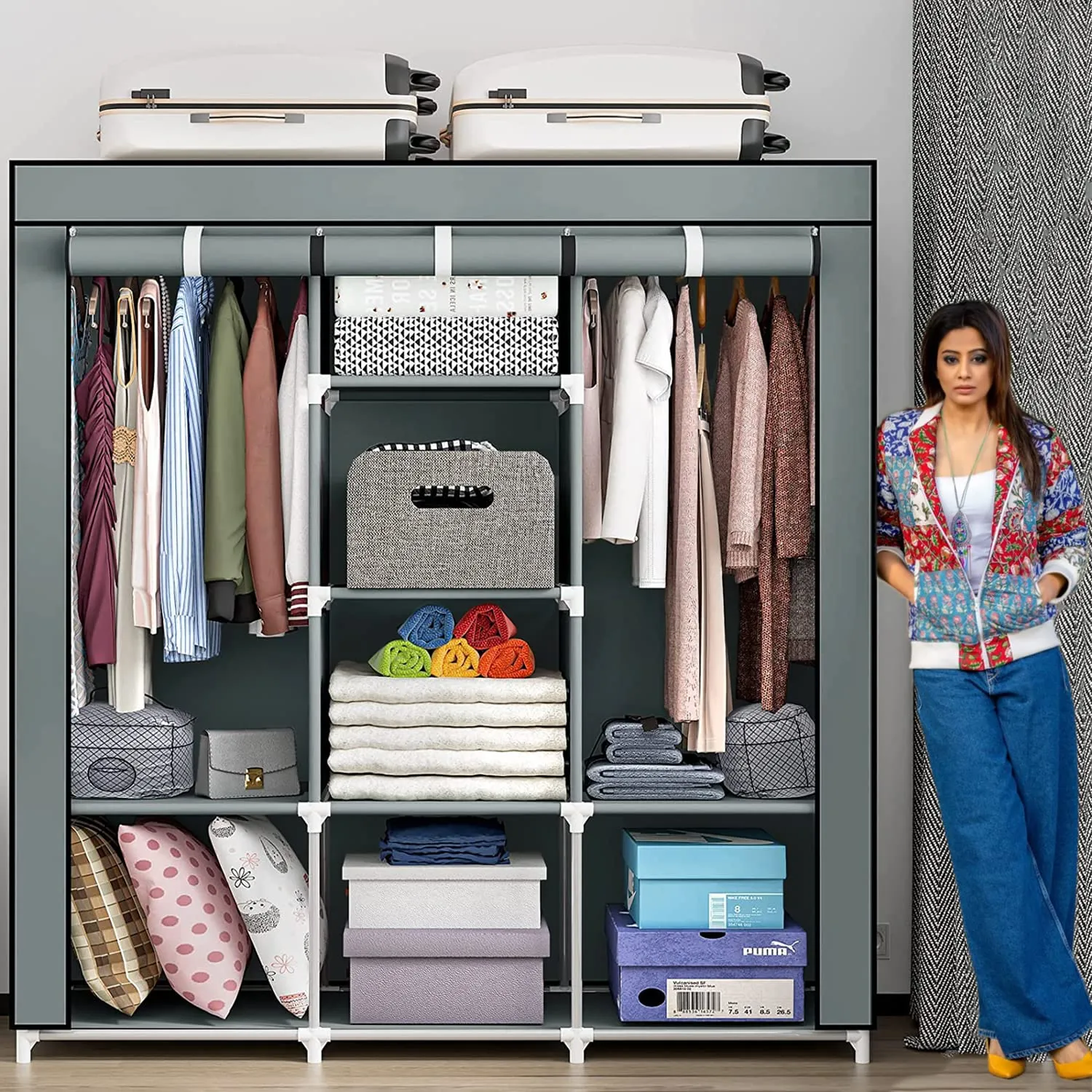 Kuber Industries Foldable Wardrobe for Clothes|3 Door Portable Clothes Rack|Non Woven Collapsible Wardrobe|8 Shelf Foldable Almirah for Clothes|Grey