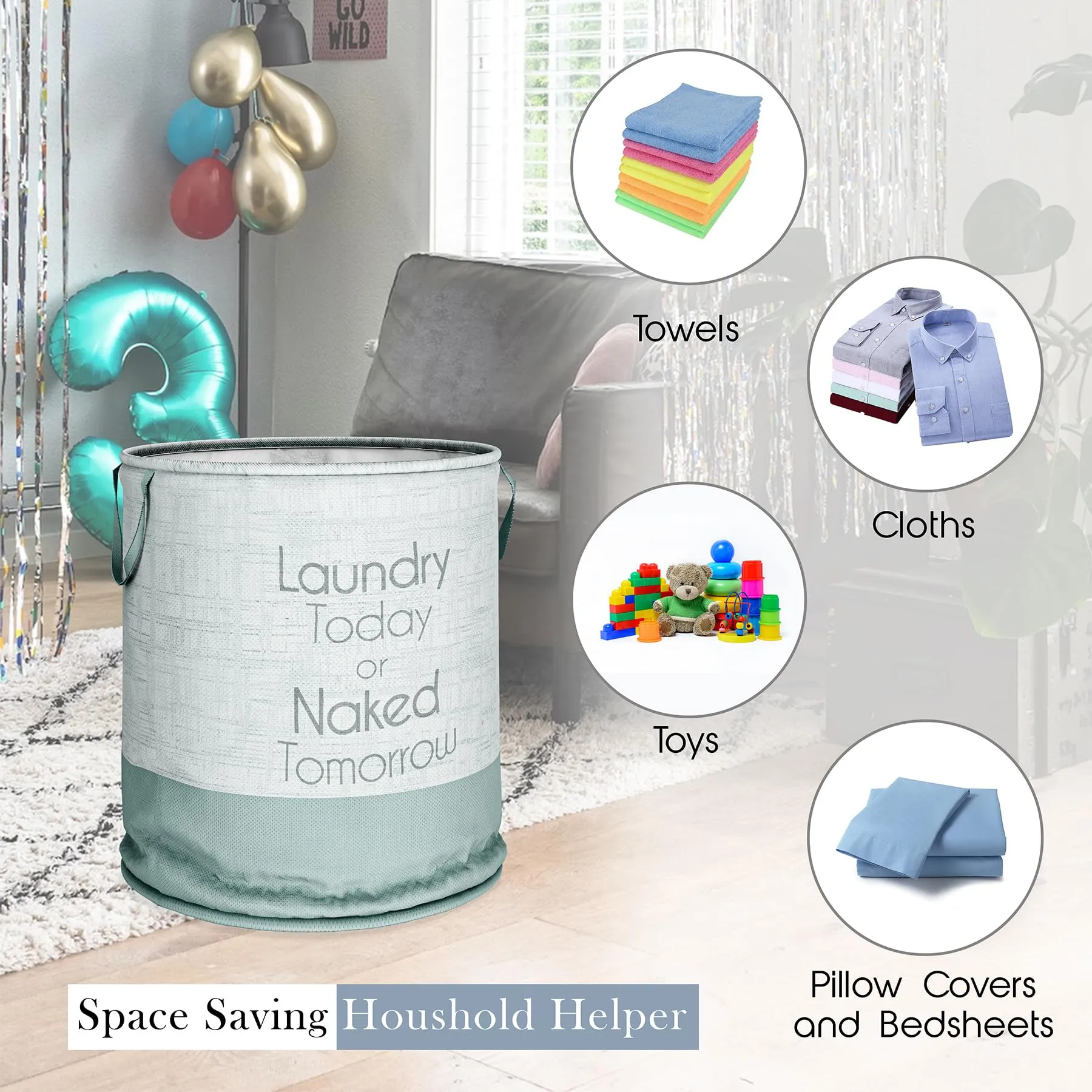 Kuber Industries Laundry Basket | Non-Woven Round Laundry Basket | Clothes Storage Hamper | Foldable Laundry Bag with Handle | Toy Storage Basket | Jute-Print | 45 LTR | Gray