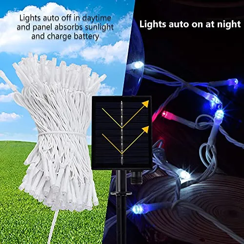 Solar String Lights - 98ft 300 LED 8 Modes - July 4th Patriotic White Wire Light - Red/Blue/White