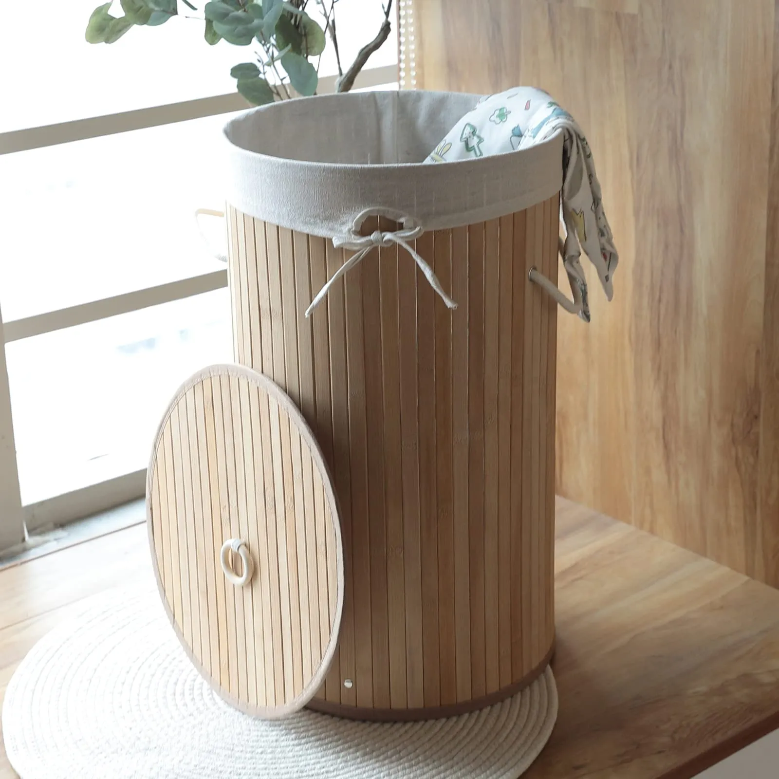 The Better Home Bamboo Laundry Bag 72 Litres With Lid (Pack of 1) | Foldable Laundry Basket For Clothes | Washing Clothes Basket | Clothes Bin (Round - Natural)